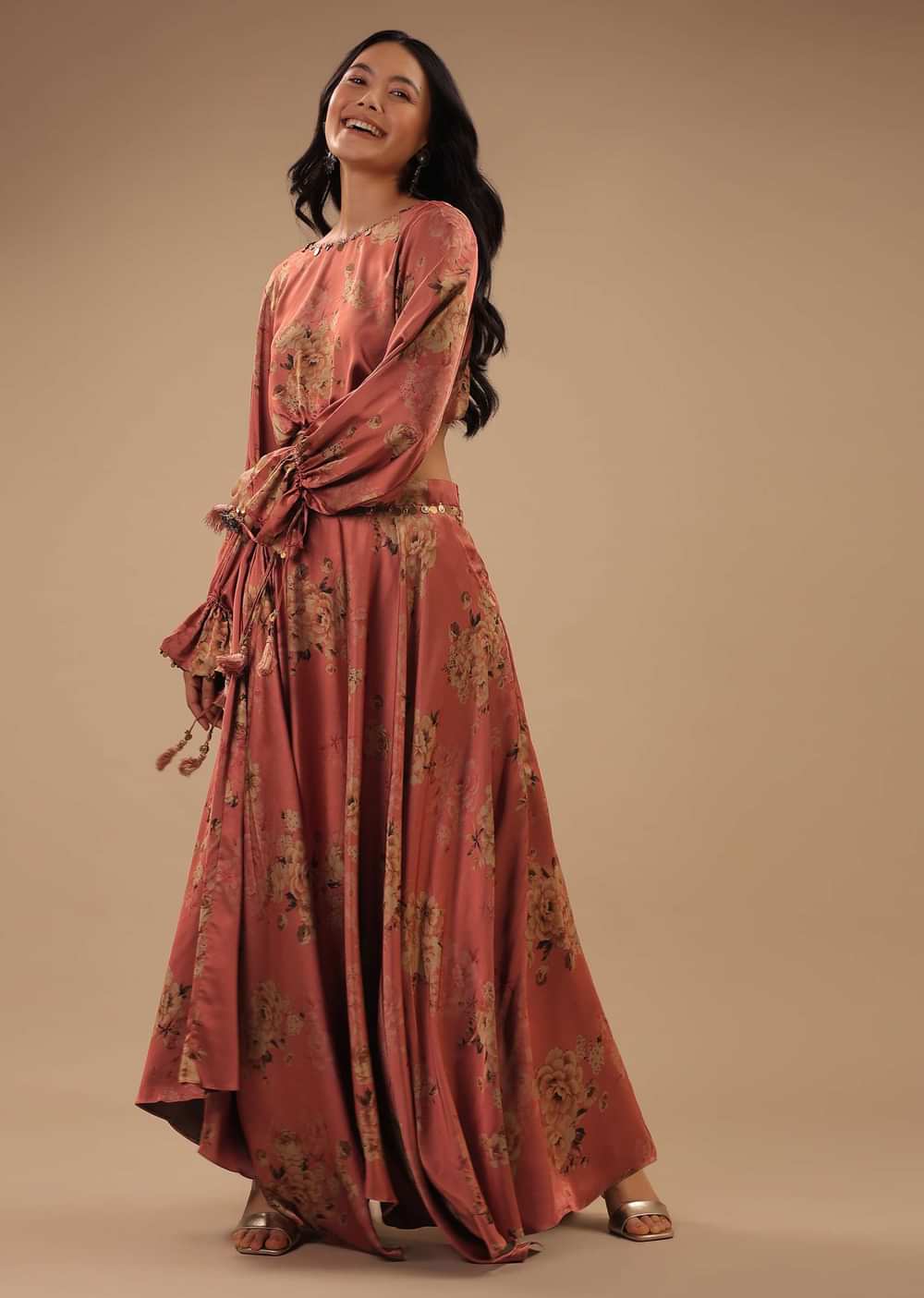 Peach Pink Satin Blouse And Skirt With Floral Print, Peasant Sleeves And High Low Hemline