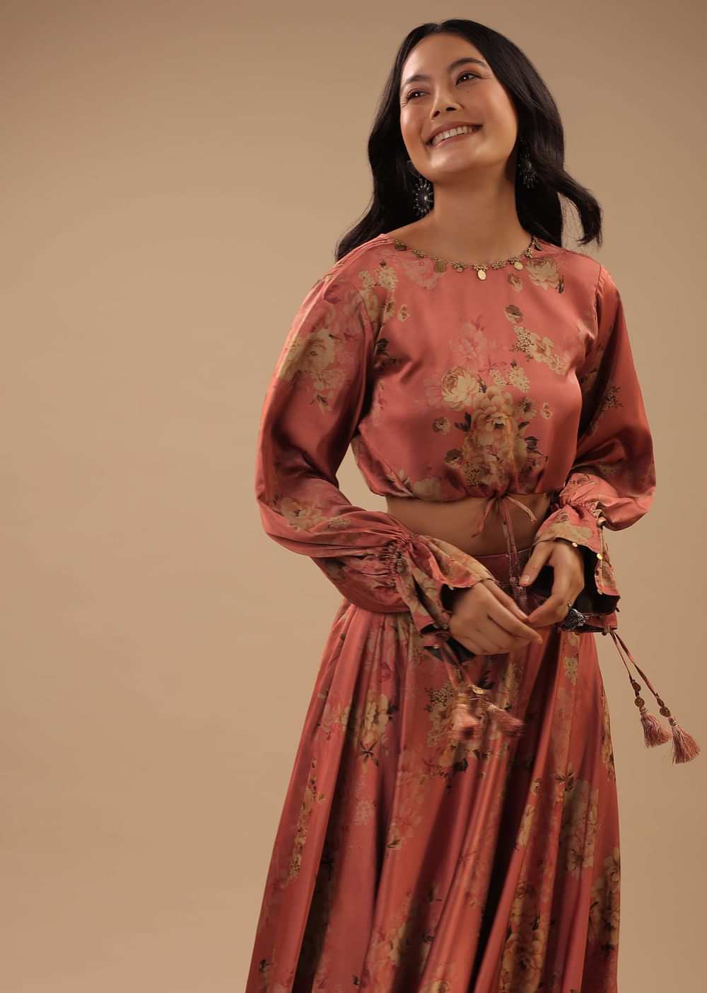 Peach Pink Satin Blouse And Skirt With Floral Print, Peasant Sleeves And High Low Hemline