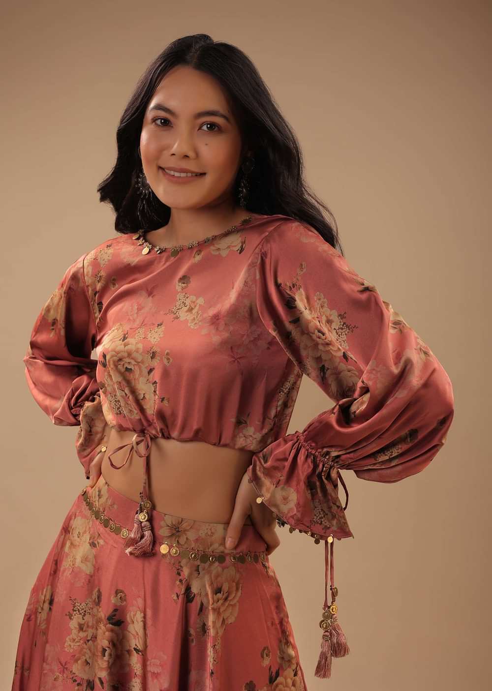 Peach Pink Satin Blouse And Skirt With Floral Print, Peasant Sleeves And High Low Hemline