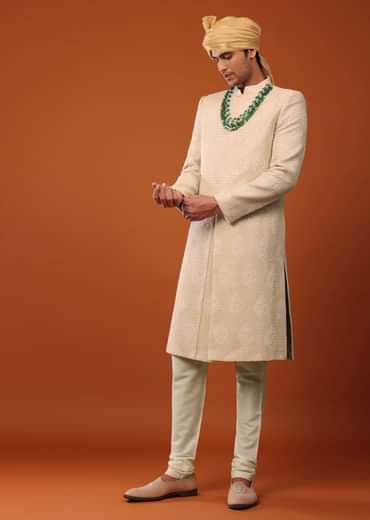 Peach Pink Sherwani Set In Textured Silk With Embroidery