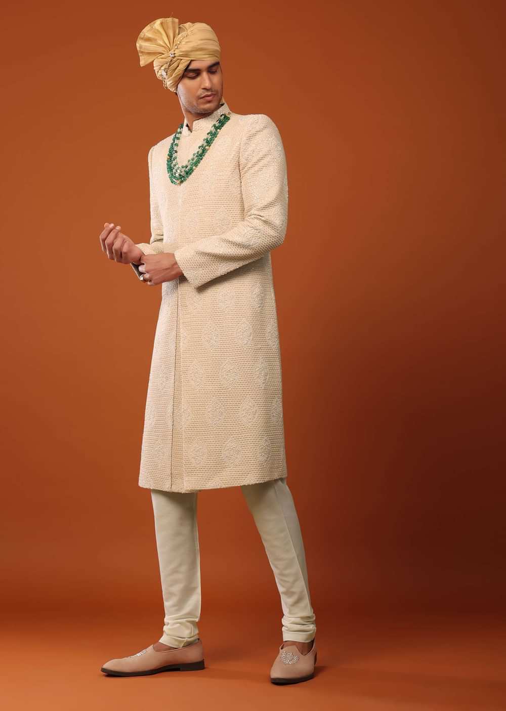 Peach Pink Sherwani Set In Textured Silk With Embroidery