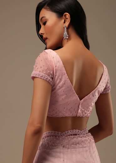 Peach Pink Stone And Beads Embellished Net Saree