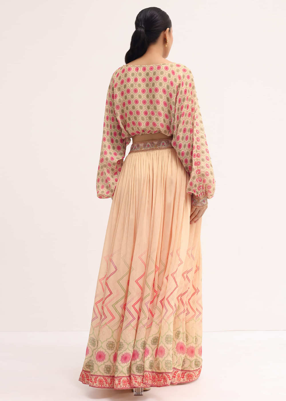 Peach Printed Chiffon Crop Top And Skirt