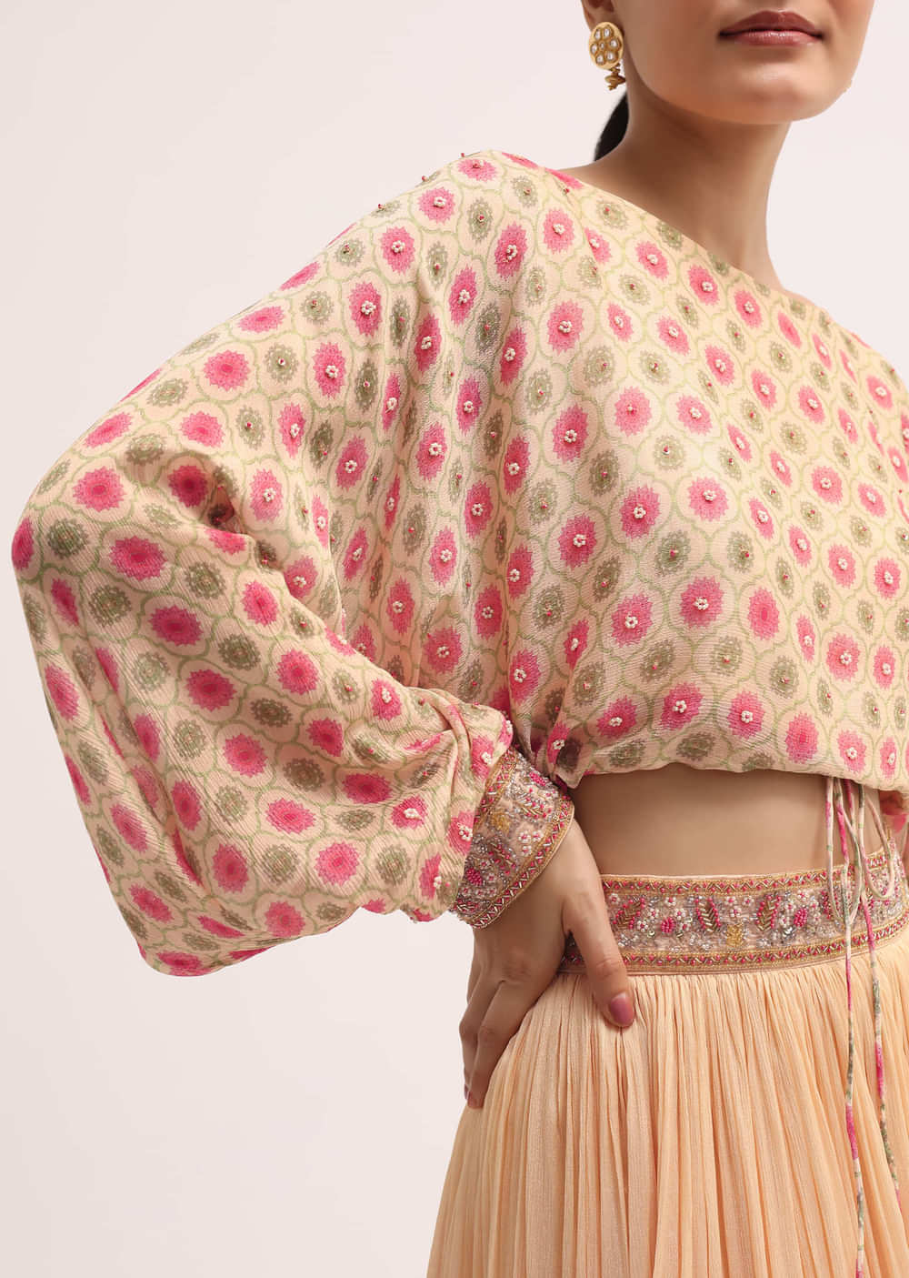 Peach Printed Chiffon Crop Top And Skirt