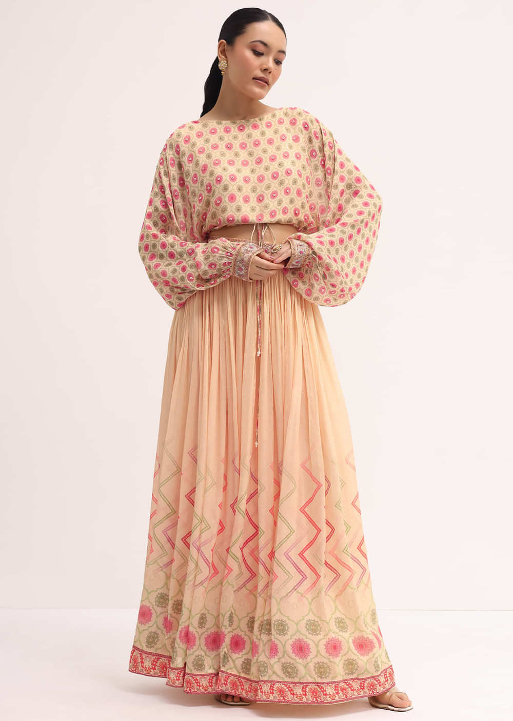 Peach Printed Chiffon Crop Top And Skirt