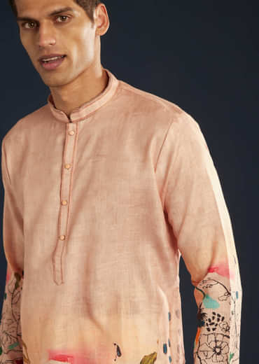 Peach Printed Silk Kurta Set