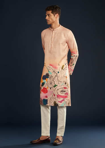 Peach Printed Silk Kurta Set