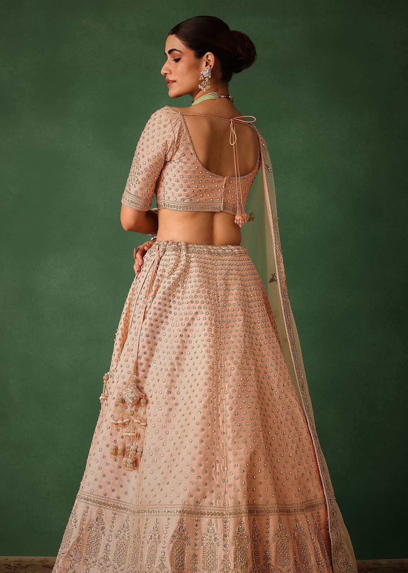 Peach Raw Silk Lehenga Set With Hand Embroidery