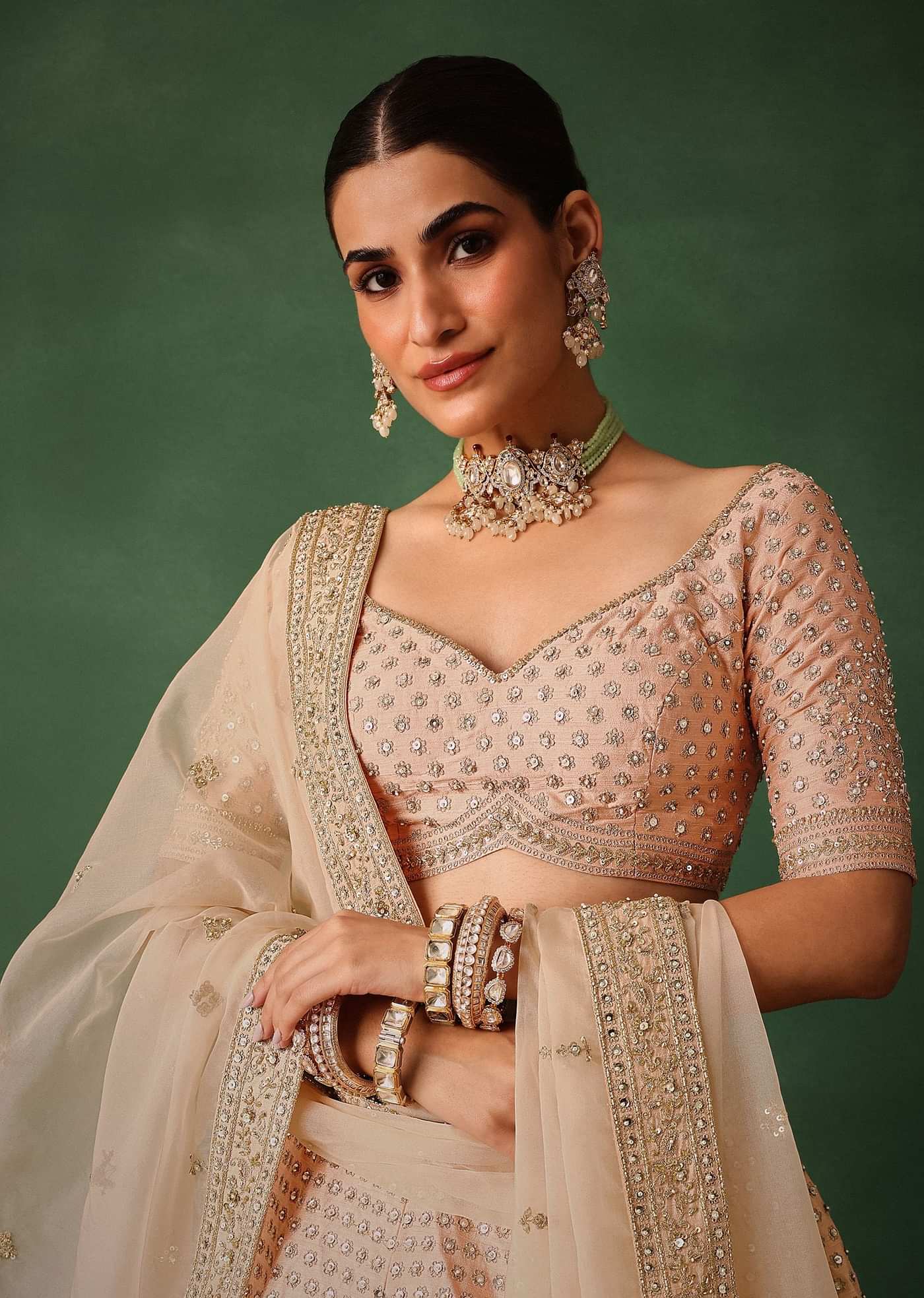 Peach Raw Silk Lehenga Set With Hand Embroidery