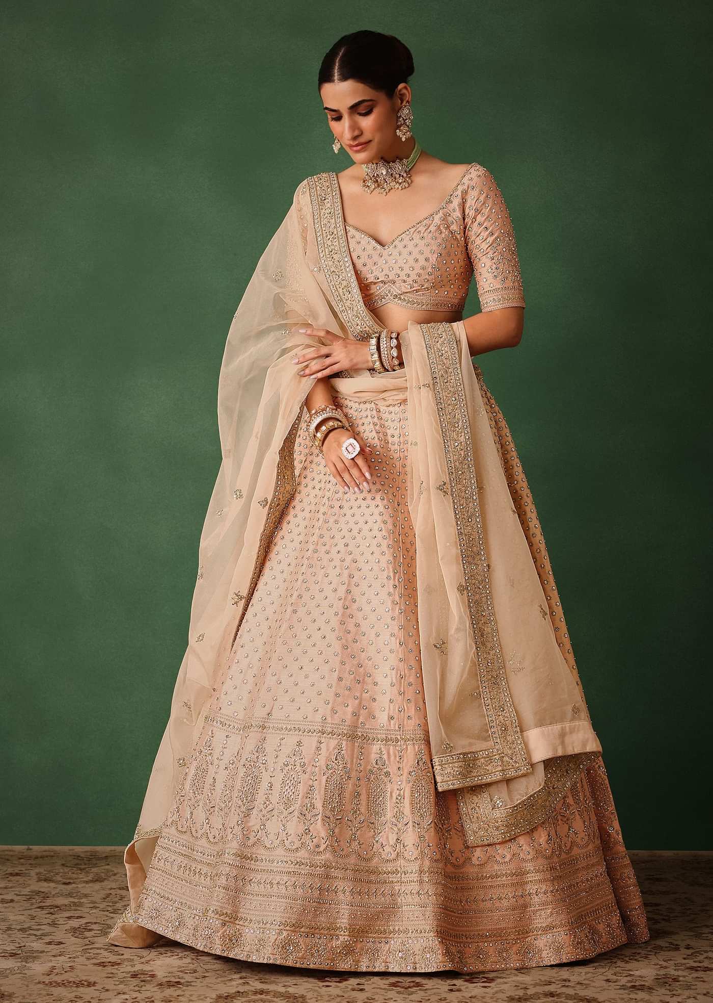 Peach Raw Silk Lehenga Set With Hand Embroidery
