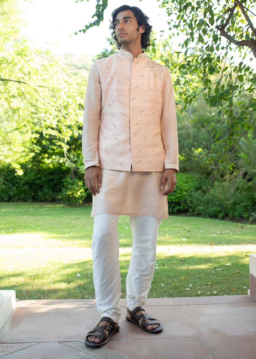 Peach Raw Silk Resham Zardosi Handwork Kurta Jacket Set