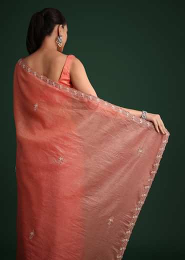 Peach Sequin Work Crushed Tissue Saree