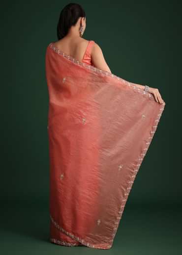 Peach Sequin Work Crushed Tissue Saree