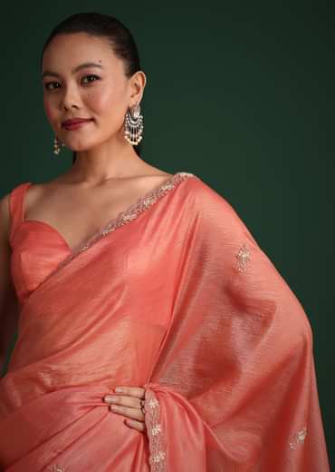 Peach Sequin Work Crushed Tissue Saree