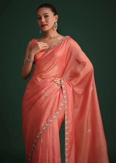 Peach Sequin Work Crushed Tissue Saree