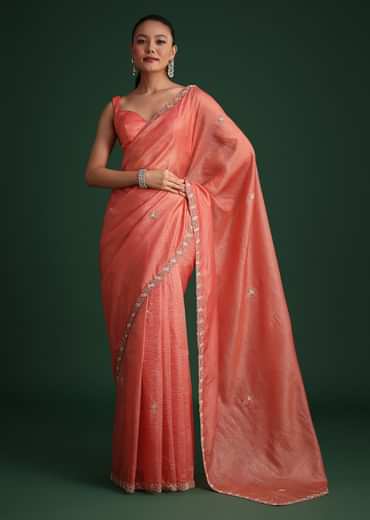 Peach Sequin Work Crushed Tissue Saree