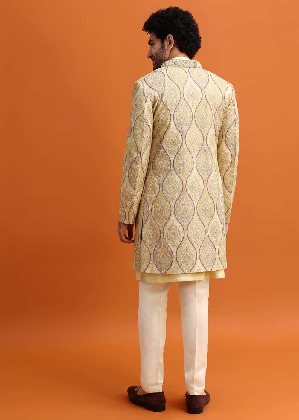 Peach Silk Indowestern Set With Hand Work For Men