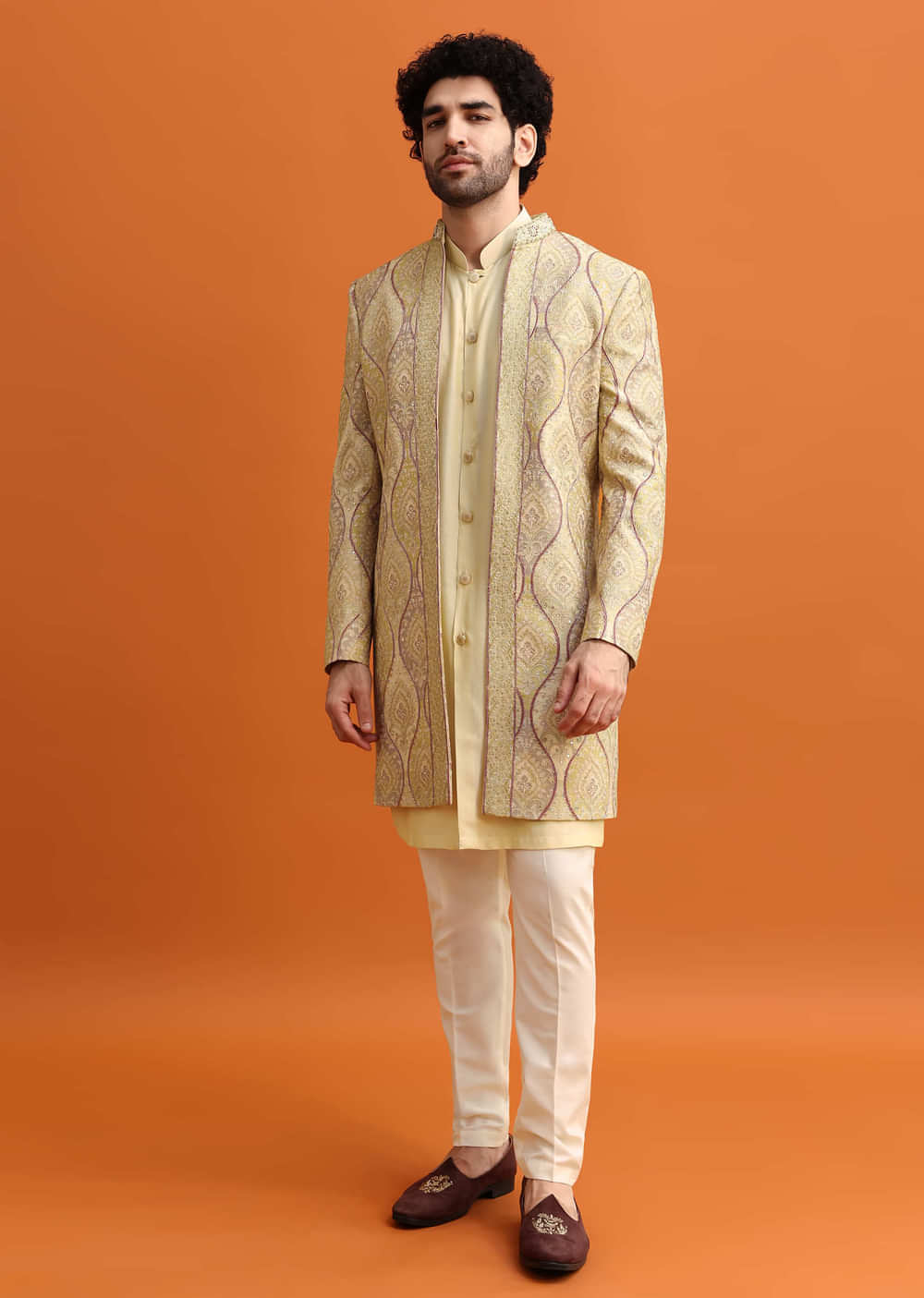 Peach Silk Indowestern Set With Hand Work For Men