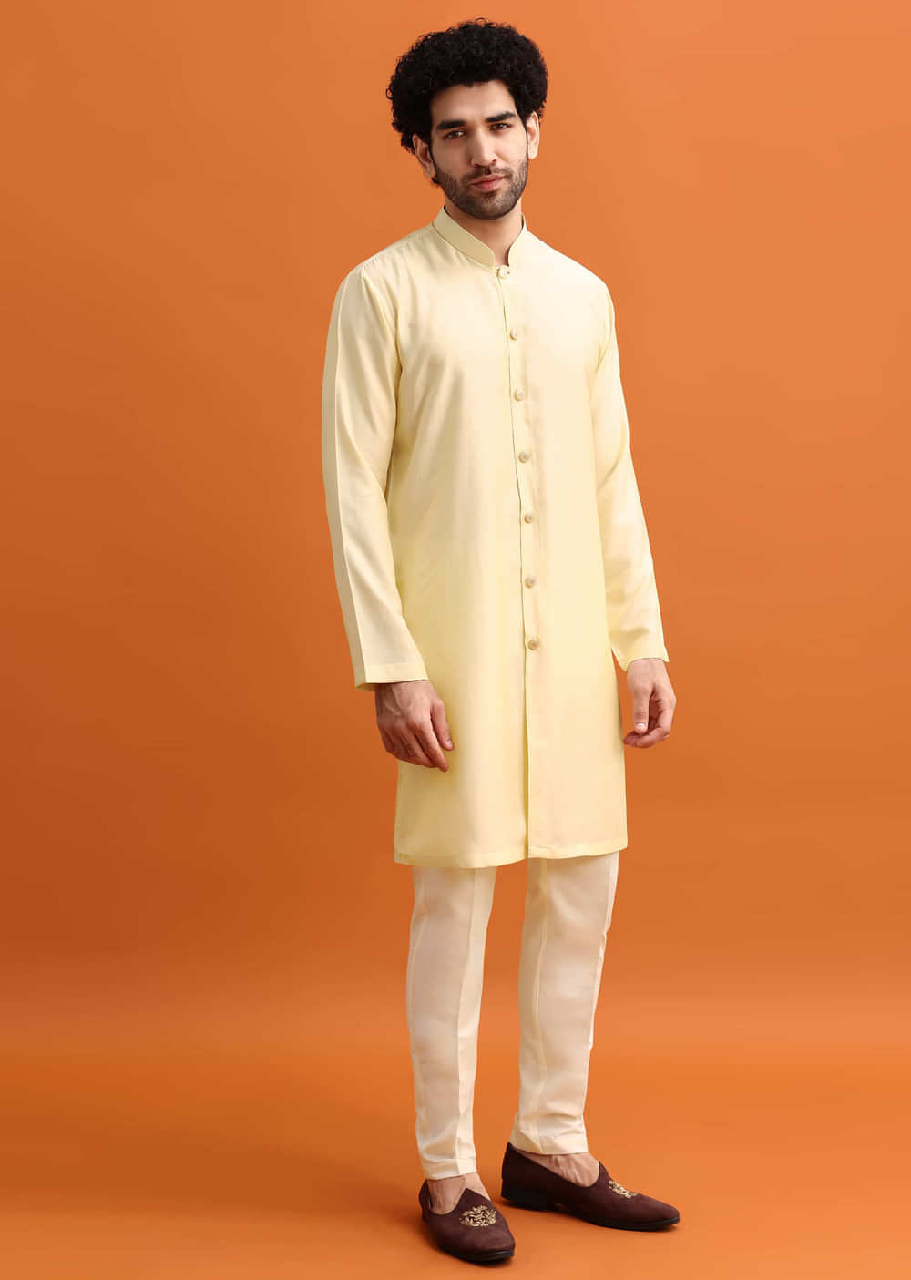 Peach Silk Indowestern Set With Hand Work For Men