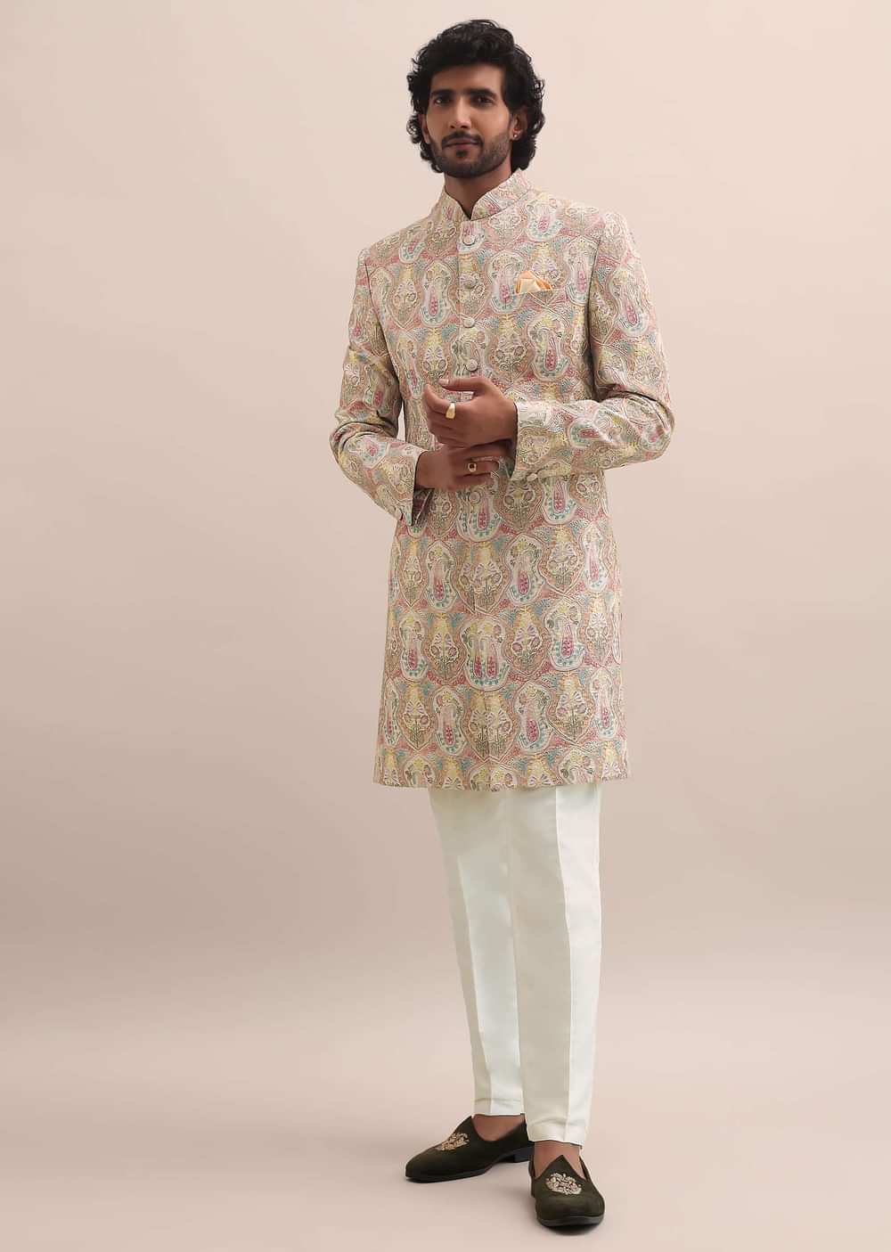 Peach Silk Jodhpuri Suit In Threadwork For Men