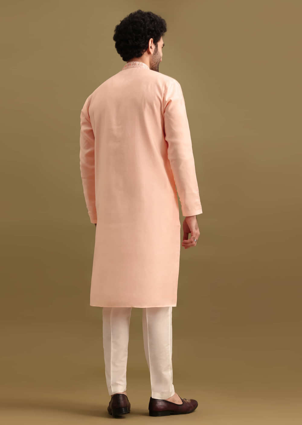 Peach Silk Kurta Set With Zari Work For Men