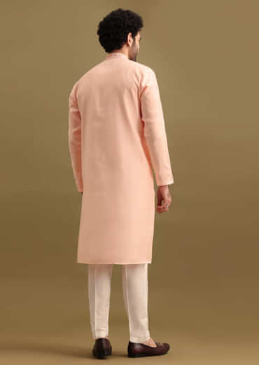 Peach Silk Kurta Set With Zari Work For Men