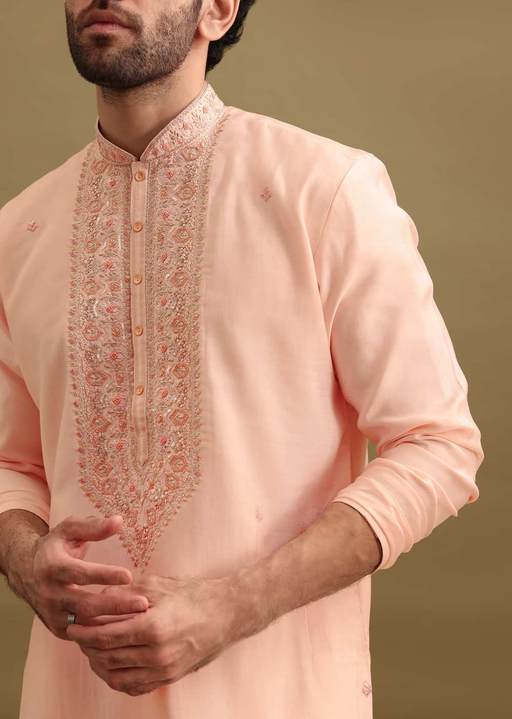 Peach Silk Kurta Set With Zari Work For Men
