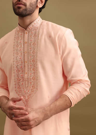 Peach Silk Kurta Set With Zari Work For Men
