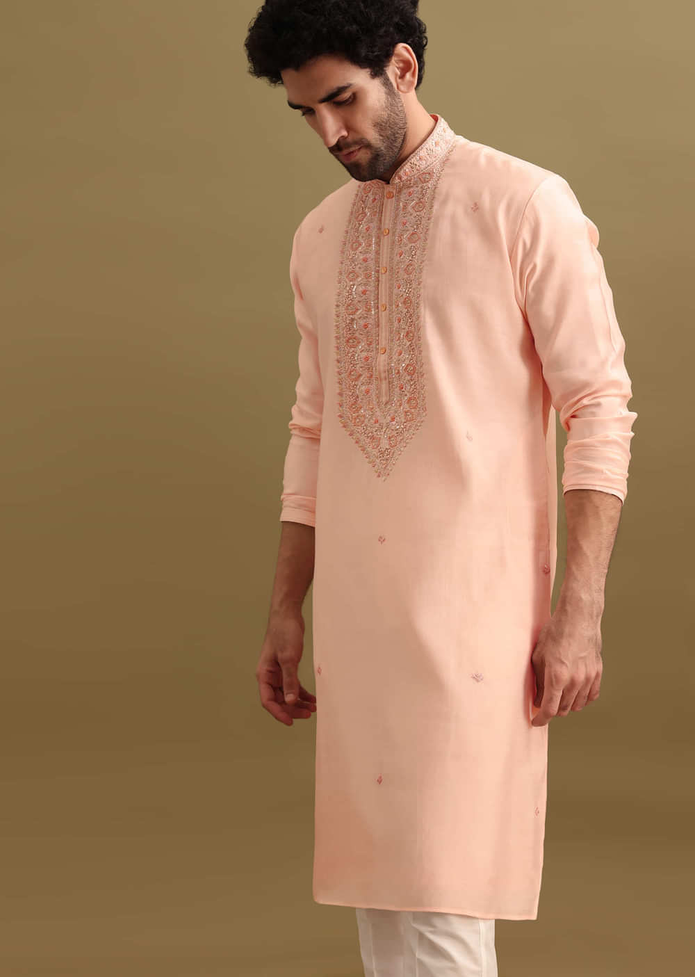 Peach Silk Kurta Set With Zari Work For Men