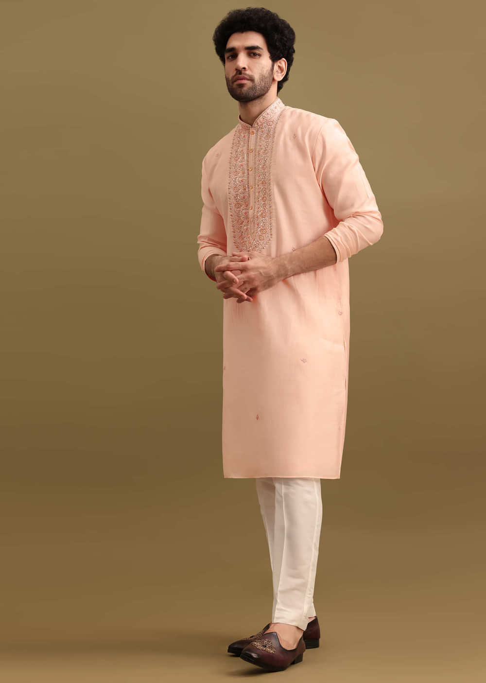 Peach Silk Kurta Set With Zari Work For Men