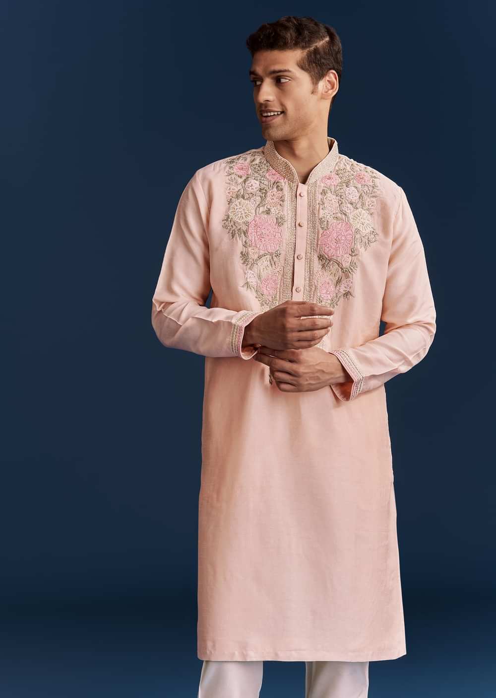 Peach Silk Kurta With Floral Resham Thread And Embroidery