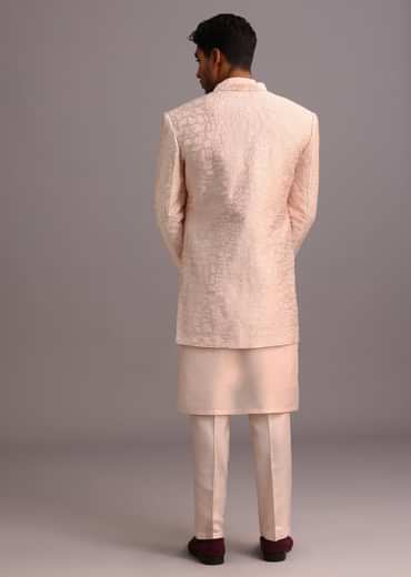 Peach Silk Thread Resham Work Sherwani Set