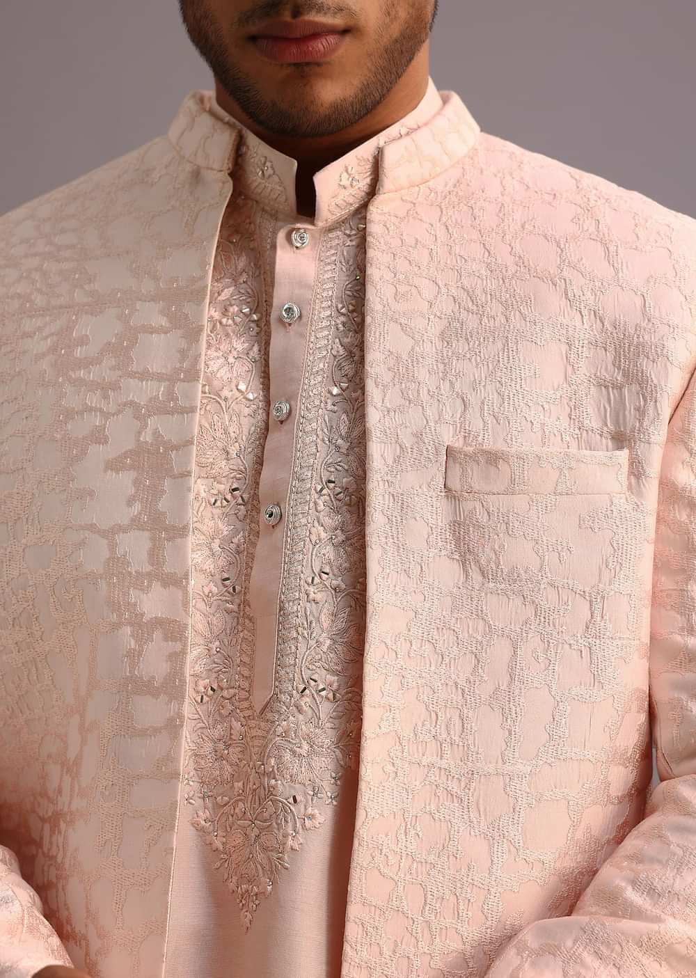 Peach Silk Thread Resham Work Sherwani Set