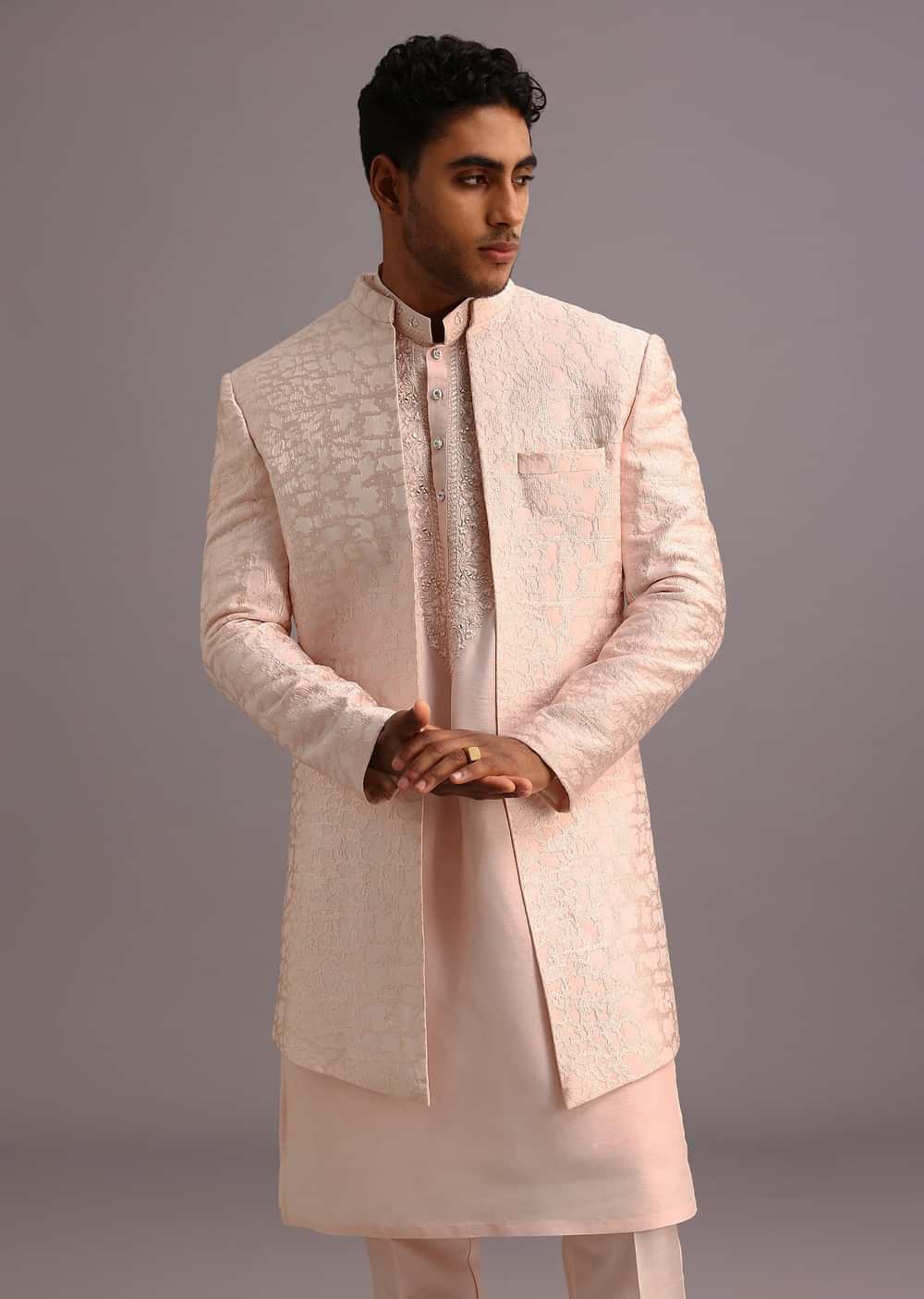 Peach Silk Thread Resham Work Sherwani Set