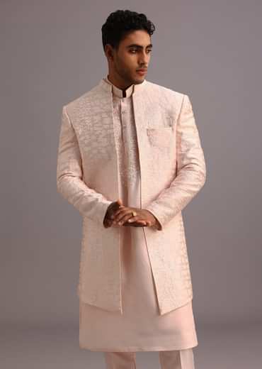 Peach Silk Thread Resham Work Sherwani Set