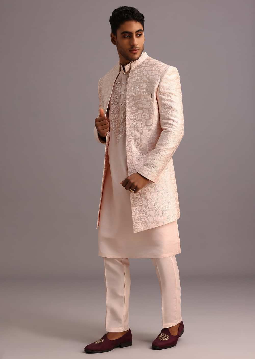 Peach Silk Thread Resham Work Sherwani Set