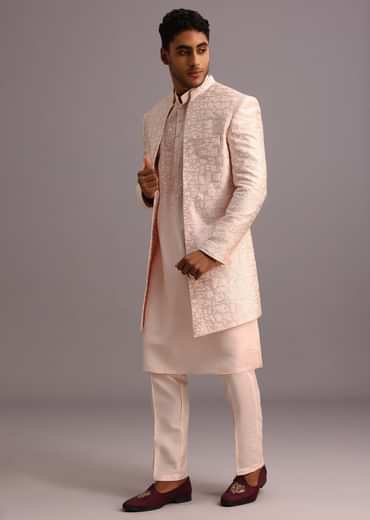 Peach Silk Thread Resham Work Sherwani Set