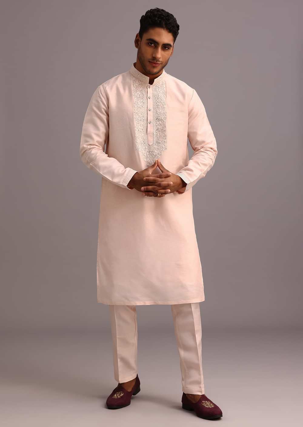 Peach Silk Thread Resham Work Sherwani Set