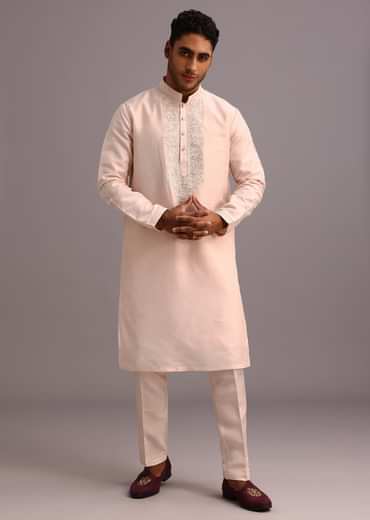 Peach Silk Thread Resham Work Sherwani Set