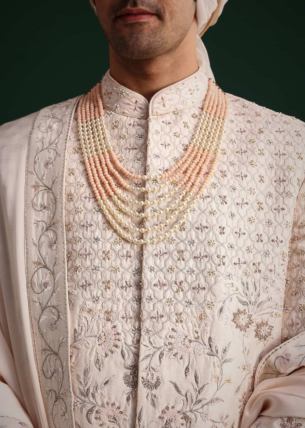Peach Silk Zari Embroidered Sherwani Suit With Mala And Dupatta