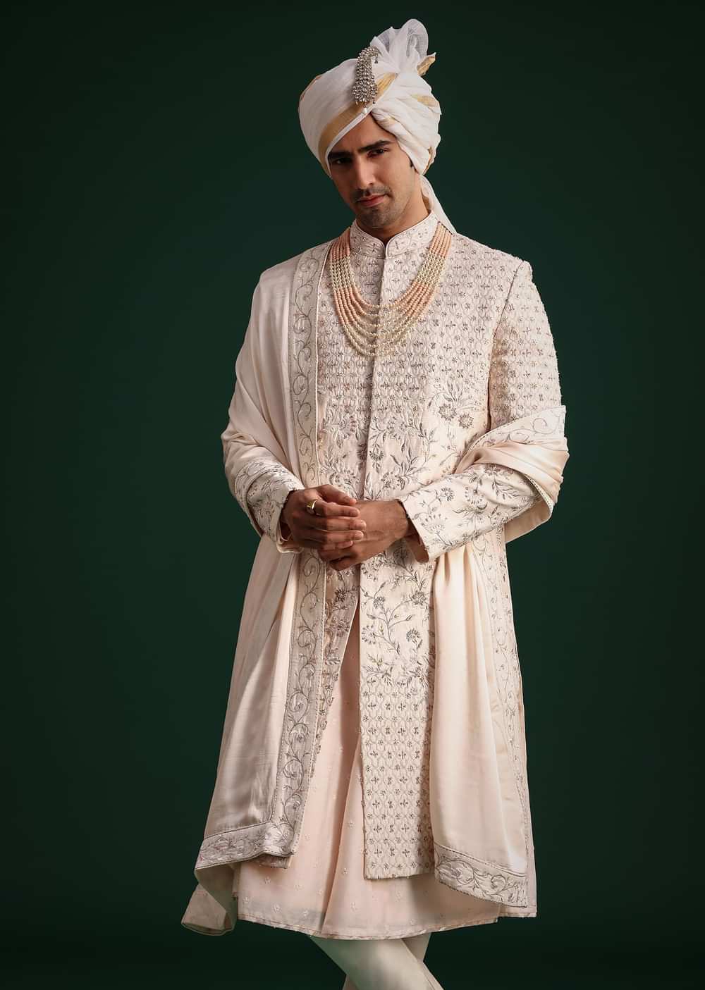 Peach Silk Zari Embroidered Sherwani Suit With Mala And Dupatta