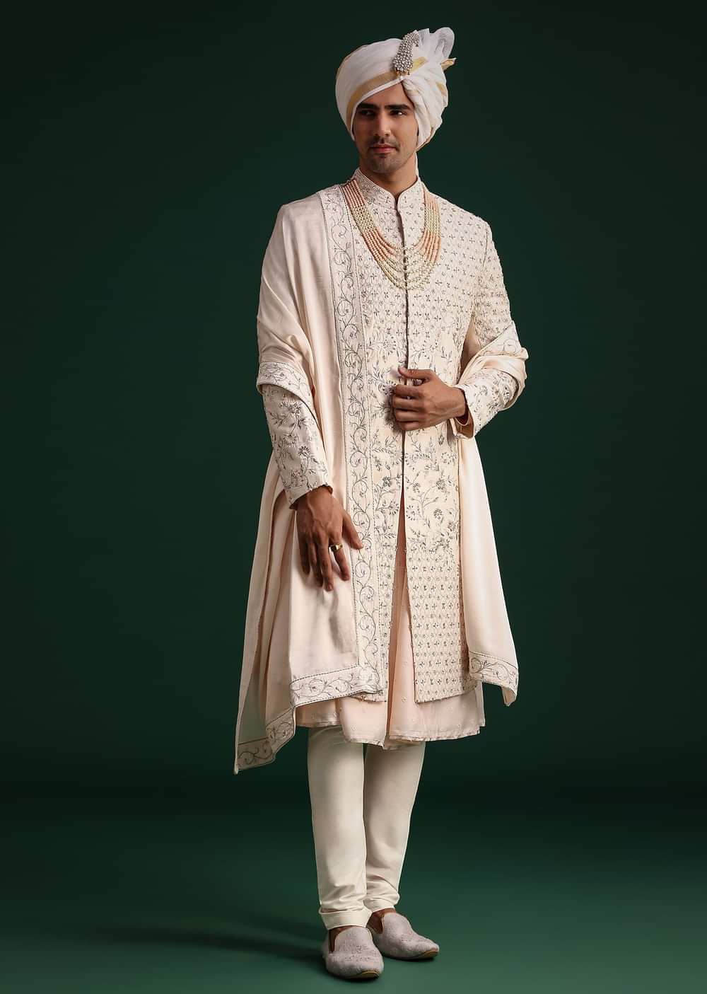 Peach Silk Zari Embroidered Sherwani Suit With Mala And Dupatta