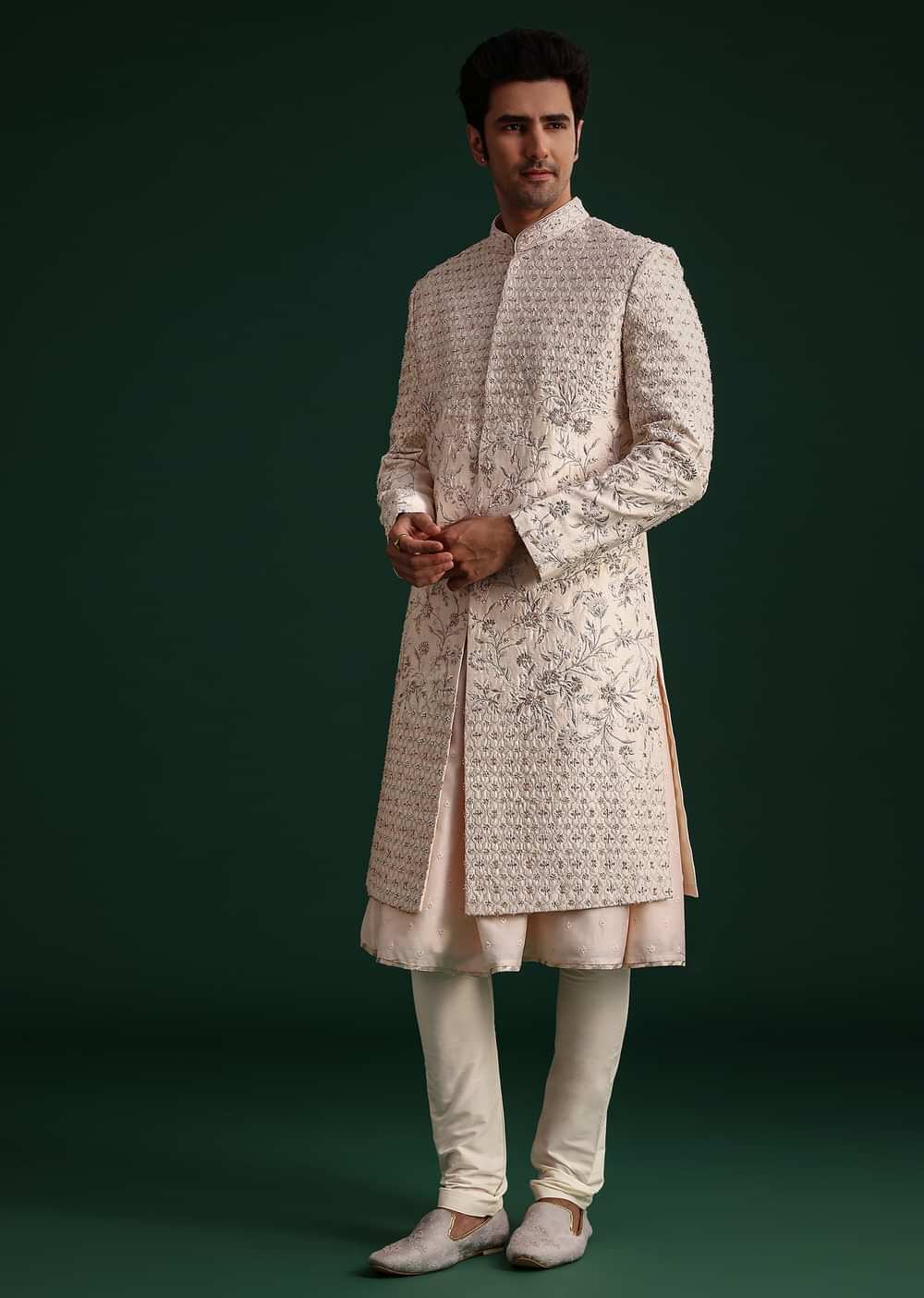 Peach Silk Zari Embroidered Sherwani Suit With Mala And Dupatta