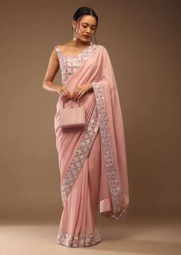 Peach Skin Saree With A Crop Top In Iridescent Foil Embellishment