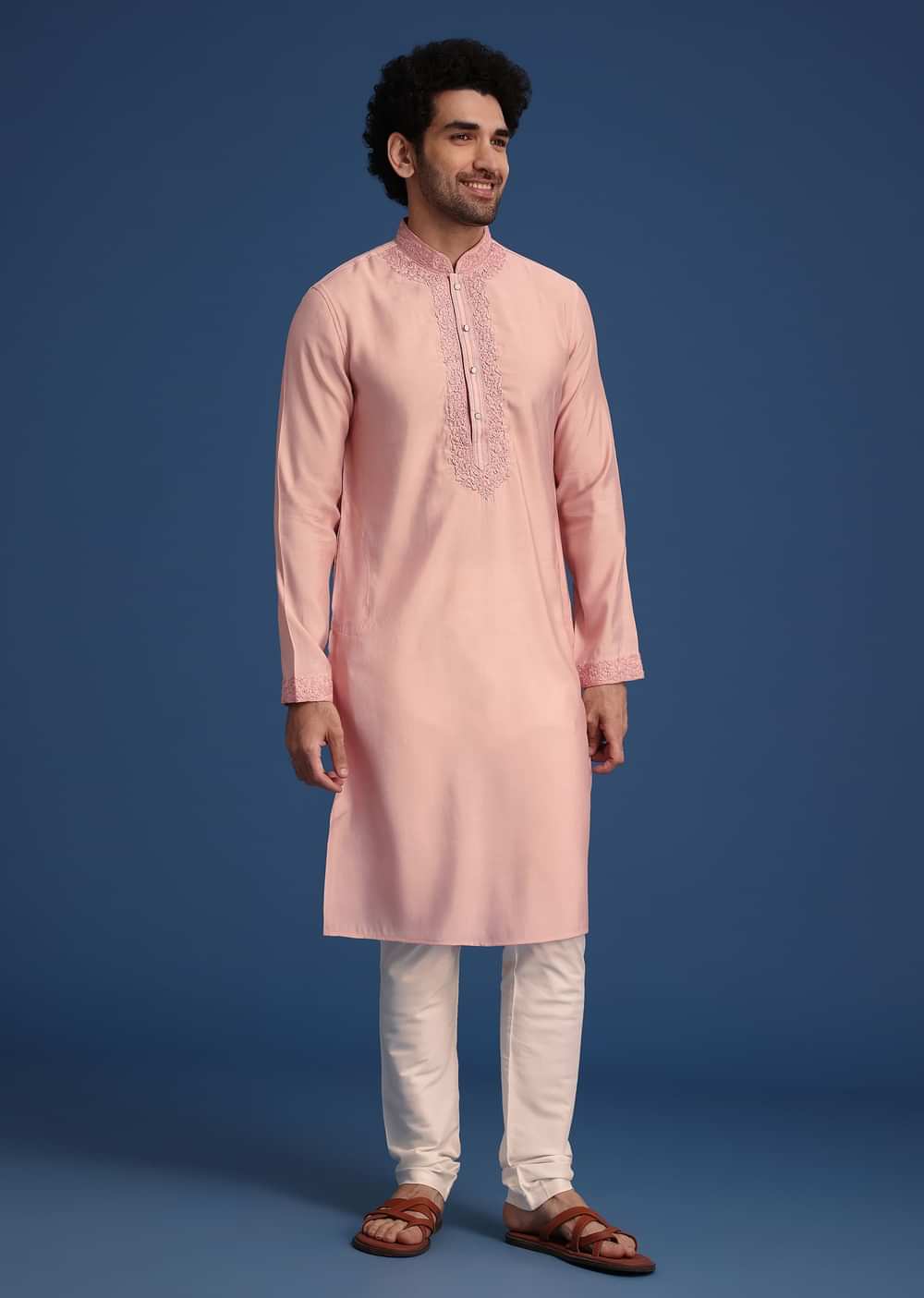 Peach Thread Hand Embroidered Kurta Set