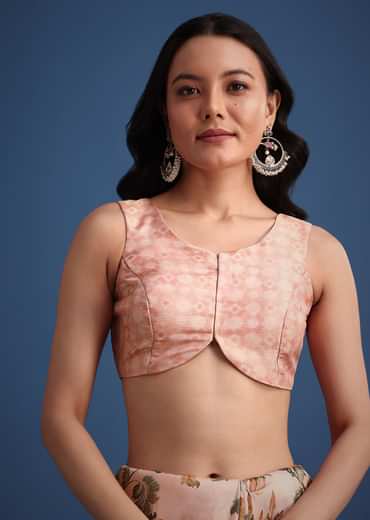 Peach Tissue Muslin Digital Print Saree With Pitta Work Border