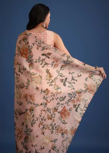 Peach Tissue Muslin Digital Print Saree With Pitta Work Border