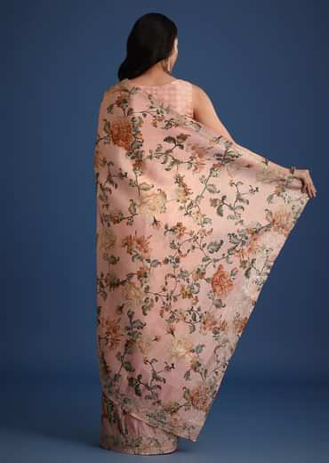 Peach Tissue Muslin Digital Print Saree With Pitta Work Border