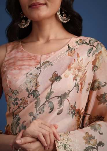 Peach Tissue Muslin Digital Print Saree With Pitta Work Border