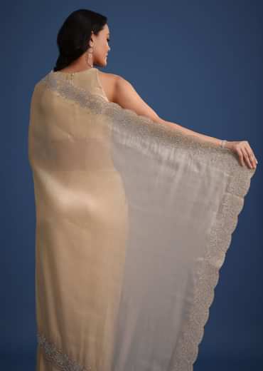 Peach Tissue Saree With Diamonds Embroidered Border